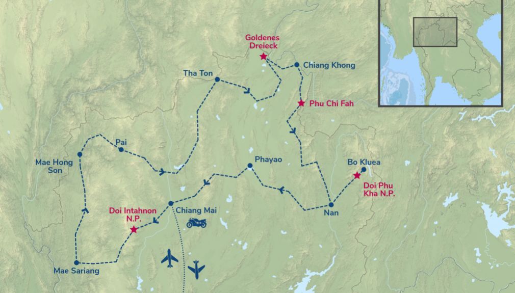 Enduro-Tour Thai Mountain Dreams - Routing Motorradreisen, Motorradtouren, thailand, gruppenreisen, geführt, chiang mai, Samoeng, mai sariang, doi intahnon, mae hong son, soppong, phayao, bo kluea, phu chi fa, mae sei, mekong, burma, thaton, doi ankhang